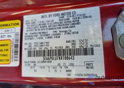 2019 Ford Fusion Se from USA, damaged, VIN 3FA6P0LU7KR188643